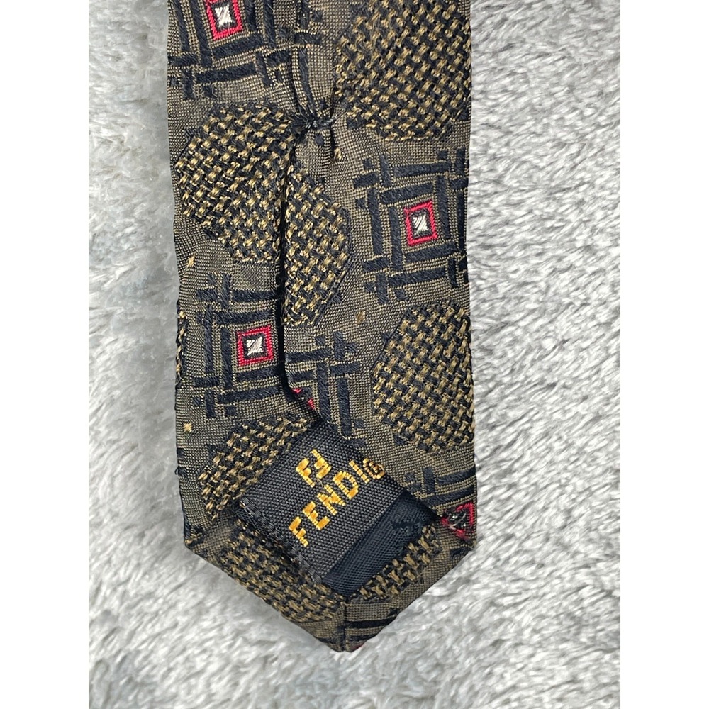 Fendi Mens Silk Geometric Print Classic Neck Tie Green Brown Size O/S Made Italy - Picture 3 of 6